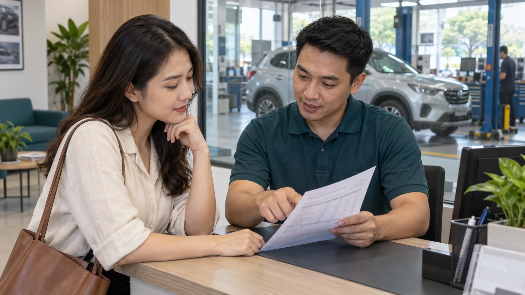 Minh họa chủ xe cùng cố vấn dịch vụ xem báo giá tại quầy tiếp nhận, xe đỗ trong xưởng phía sau