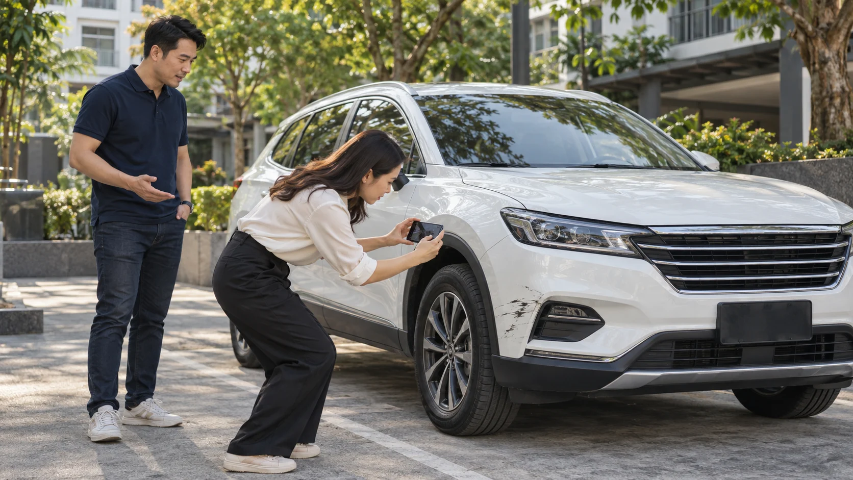 Chủ xe ghi lại vết trầy trên ô tô bằng điện thoại tại bãi đỗ an toàn