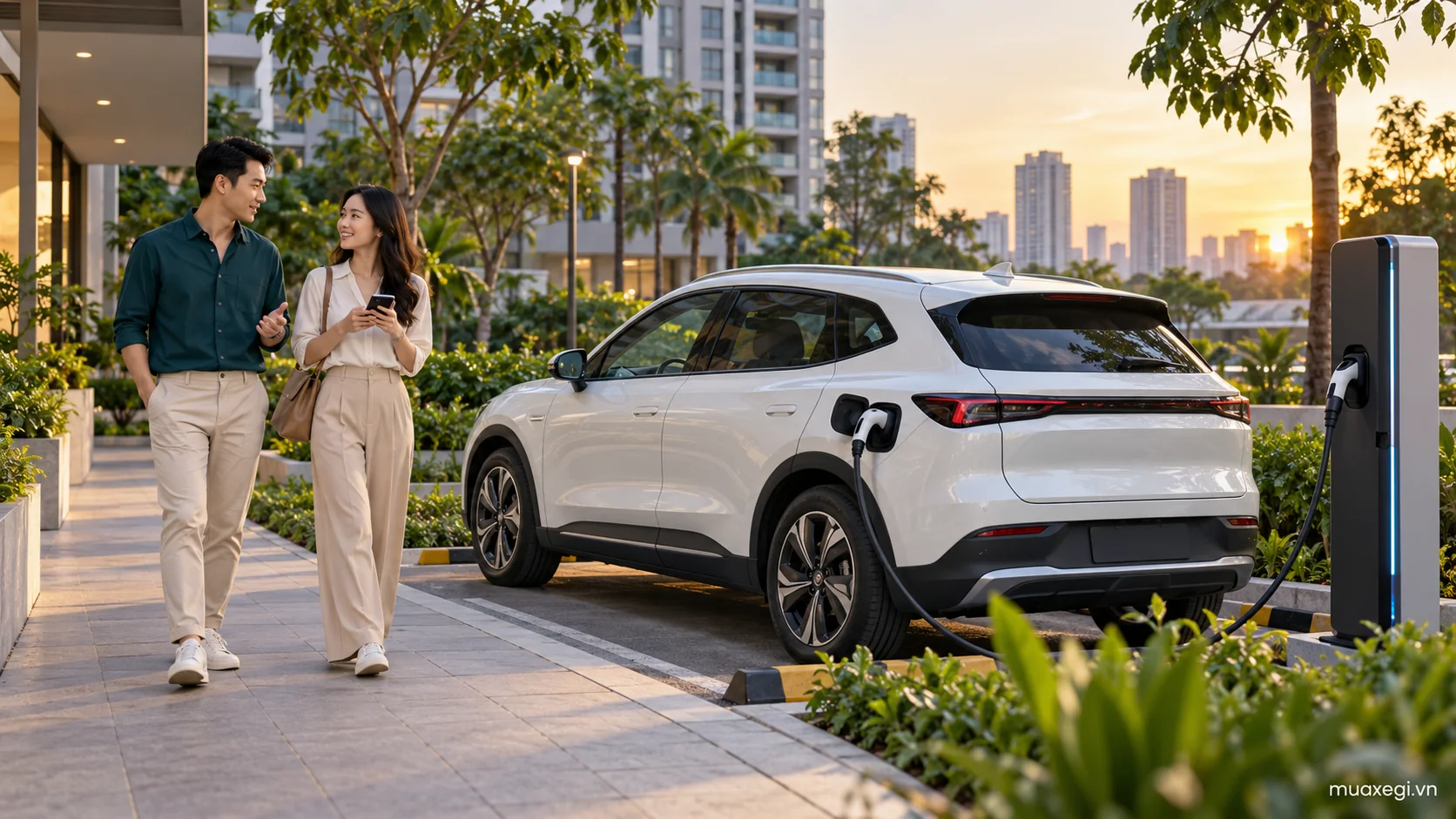 Minh họa cặp đôi bên ô tô điện đang sạc tại bãi ngoài trời cạnh các tòa chung cư.