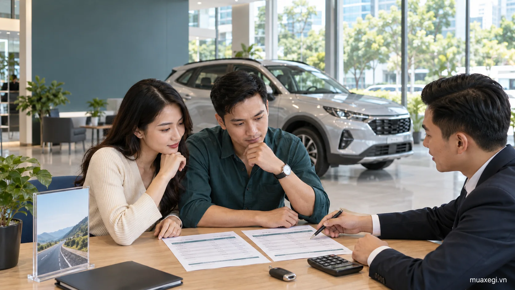 Illustration of two car buyers comparing quotations with an adviser, with a showroom car behind them
