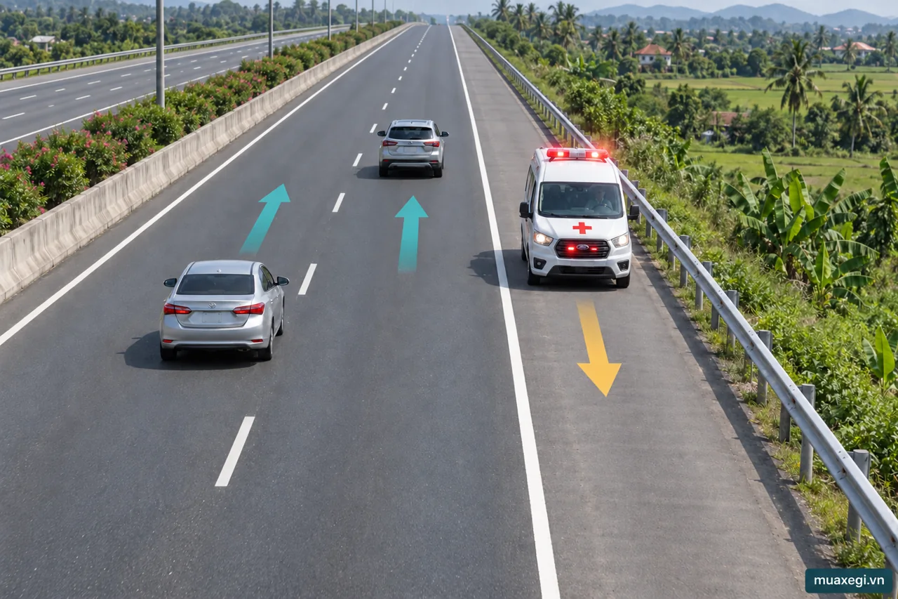 AI illustration: two cars travel in the normal expressway direction while an ambulance with red warning lights faces the opposite way entirely in the emergency lane beyond the solid white edge line.