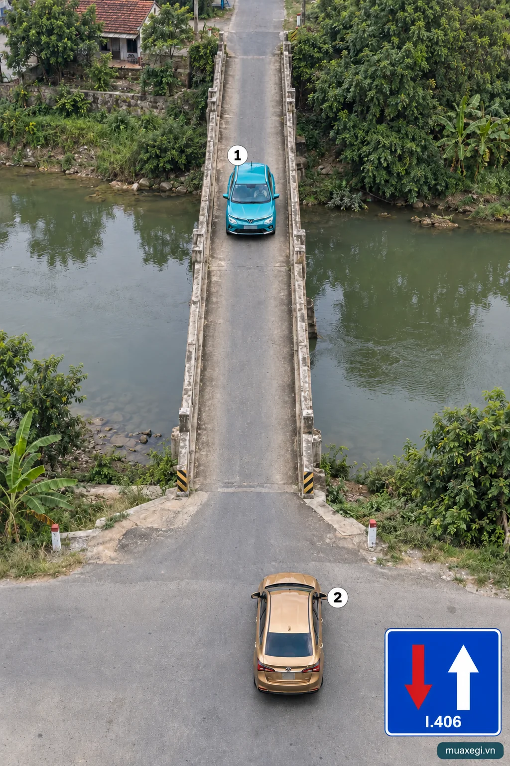 AI illustration: blue car 1 is on a narrow bridge facing gold car 2 waiting outside; an I.406 sign is shown as an inset.