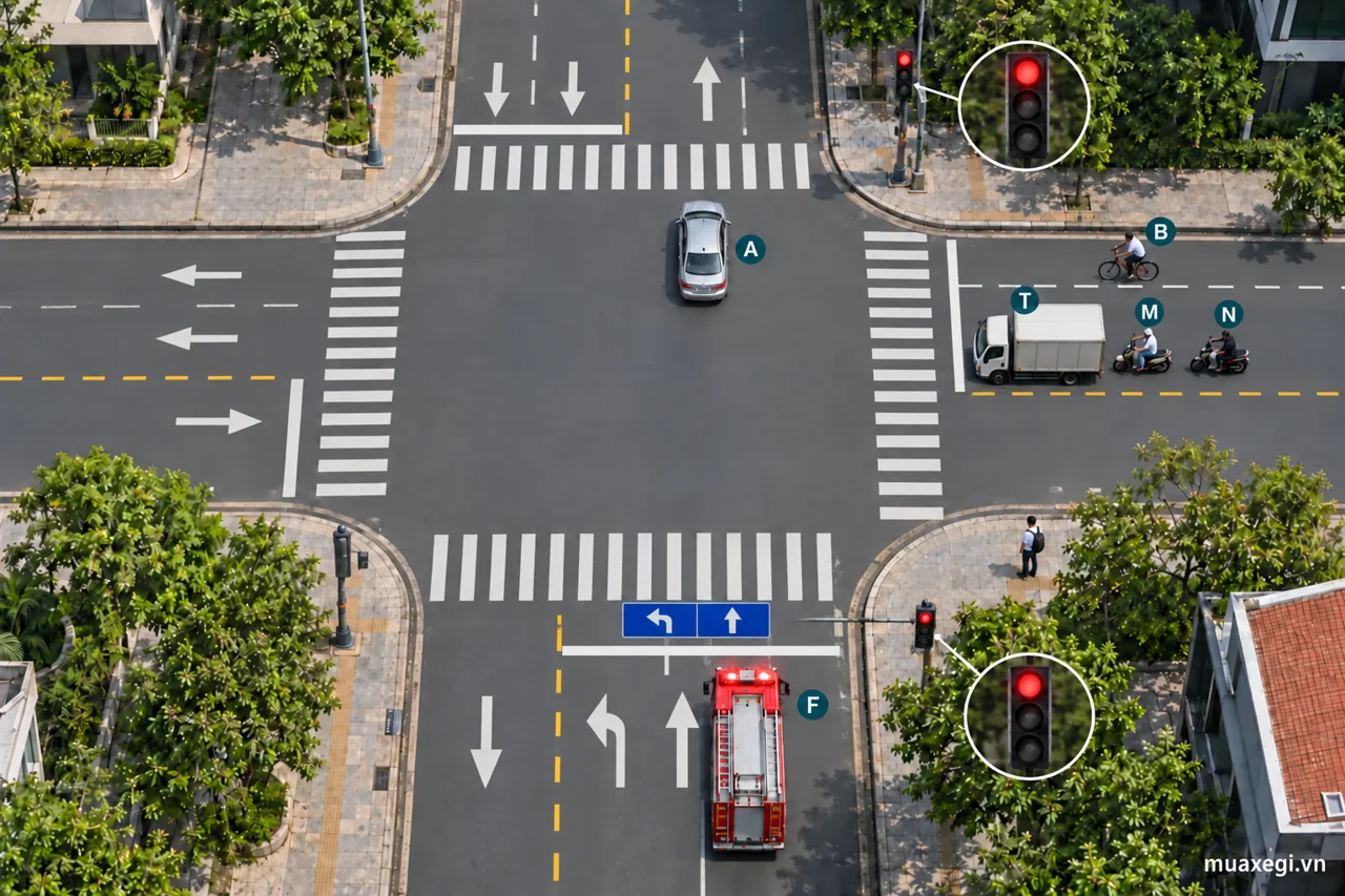AI illustration of an all-red junction clearance phase: A clears north, F displays red priority lights on the south approach, and T, M, N and B wait before the east approach stop line; R.411 shows directions by lane.