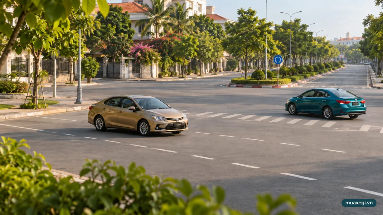 Illustrated Vietnamese intersection from above, with right-hand traffic