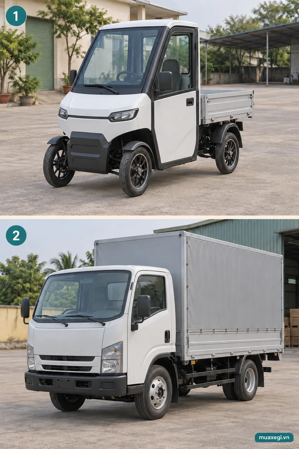 A light powered four-wheel goods vehicle and an ordinary goods truck for comparison