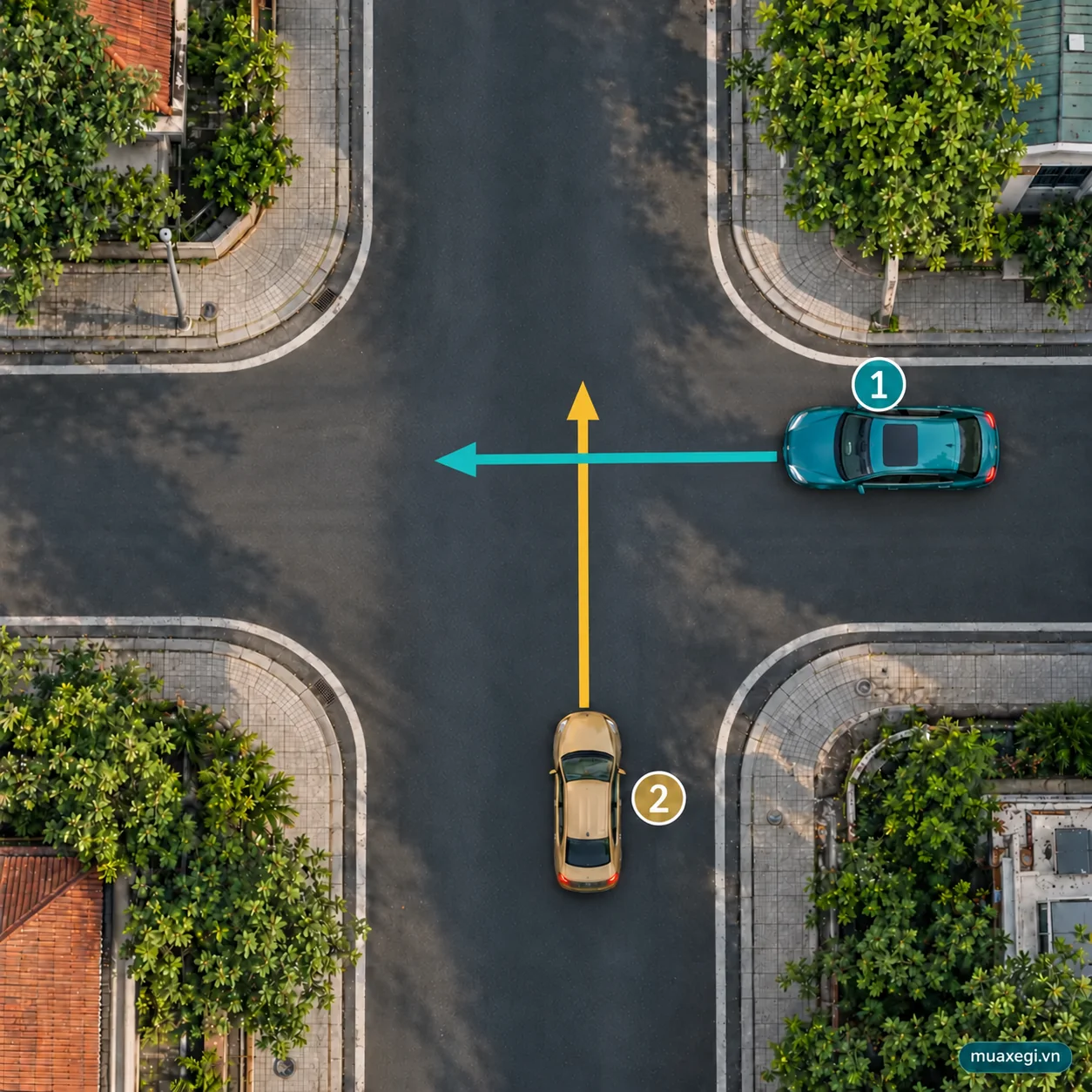Equal-priority crossroads: the gold car from the bottom yields to the teal car from its right