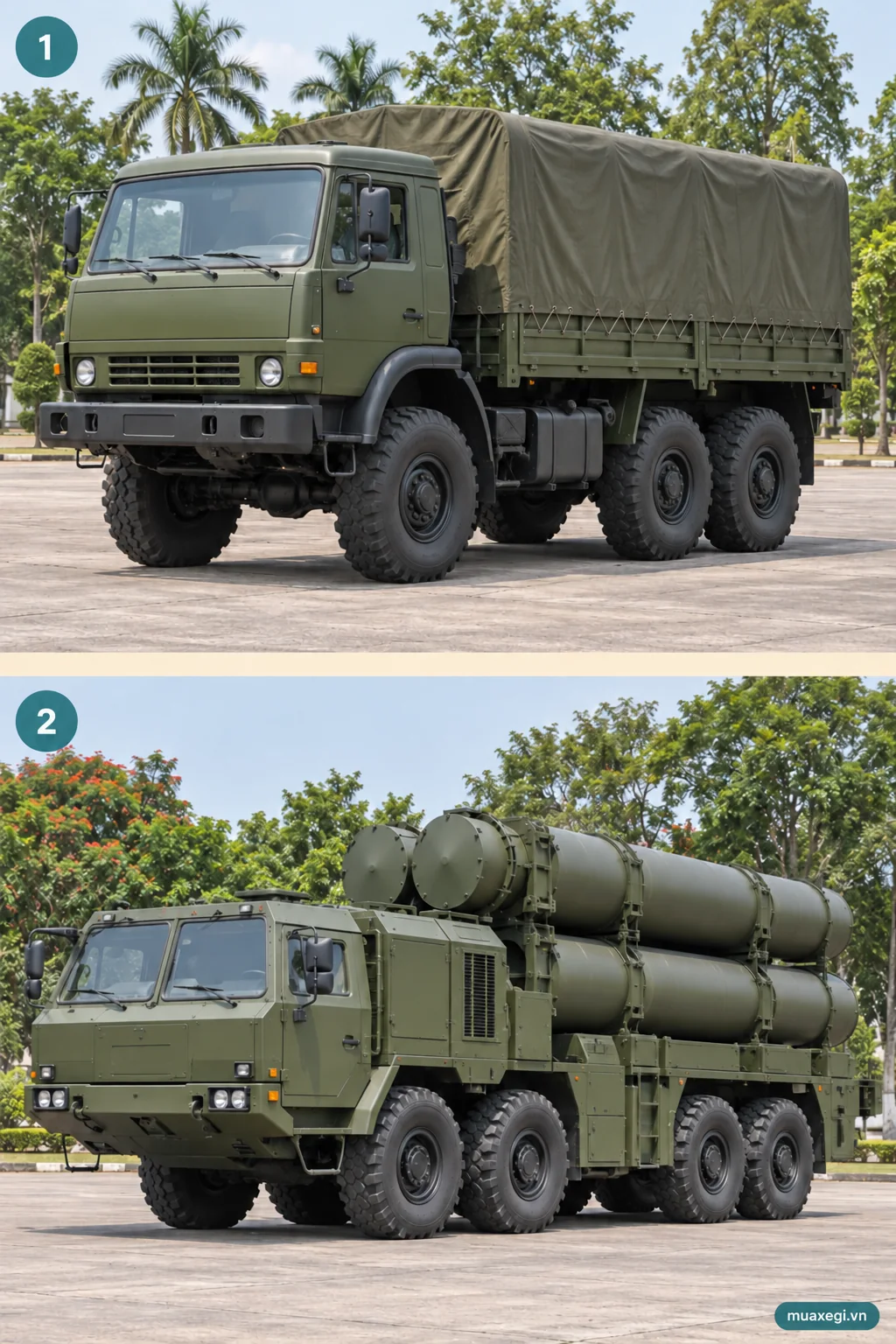 A military cargo truck and missile-system transporter parked