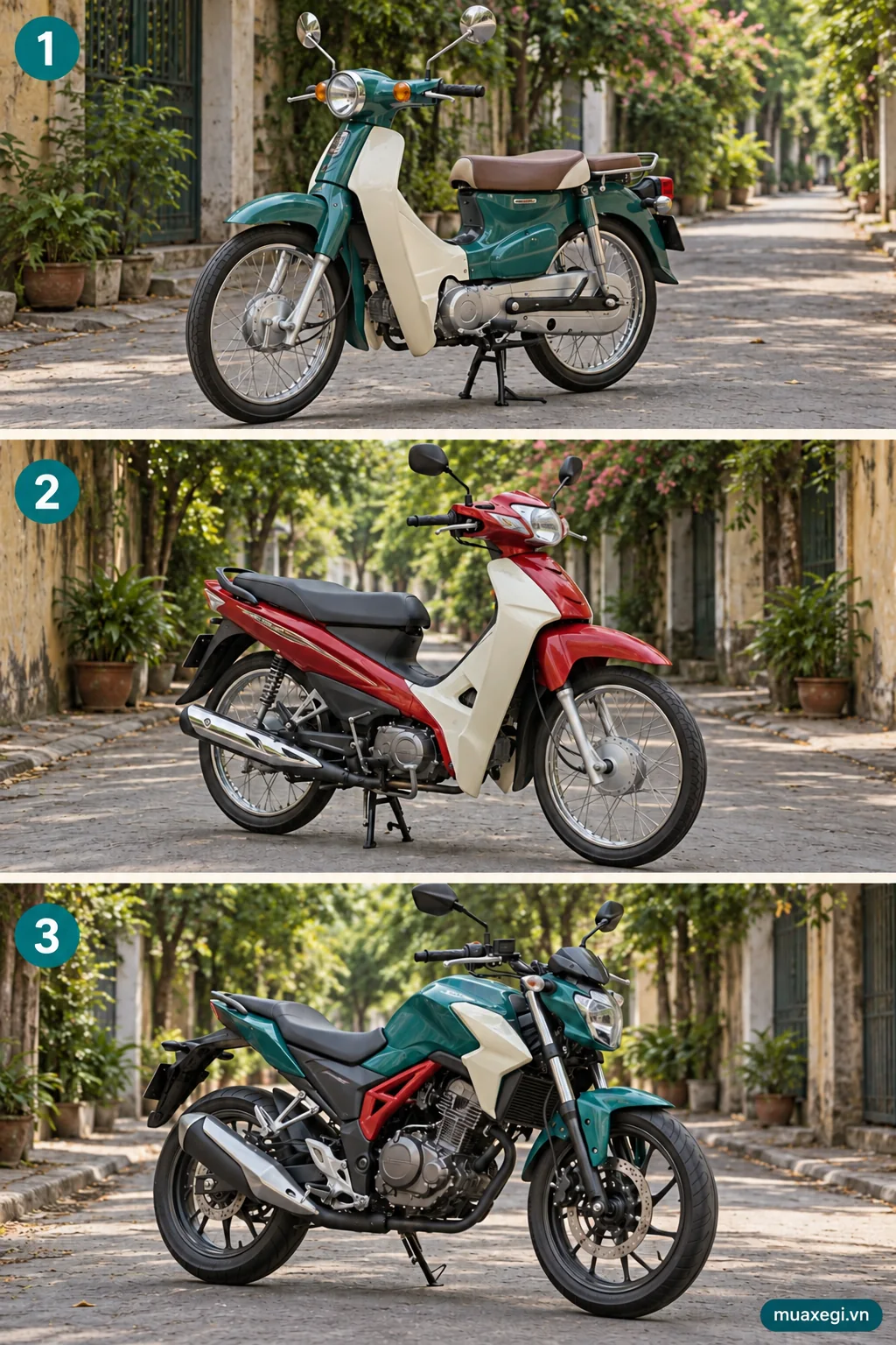 Three two-wheel examples distinguishing mopeds, motorcycles and the A1 licence boundary