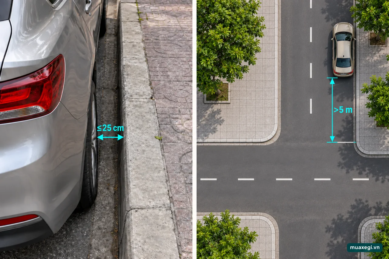 AI diptych: the nearest wheel is no more than 25 cm from the kerb; a top-down view shows a car parked on the right more than 5 m from the junction edge.