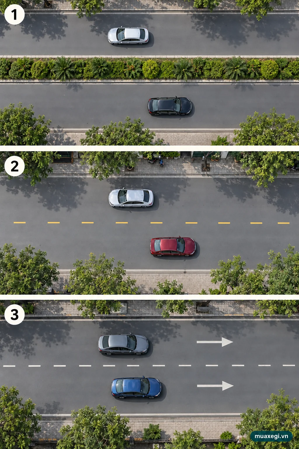 A median-divided road, undivided two-way road and two-lane one-way road