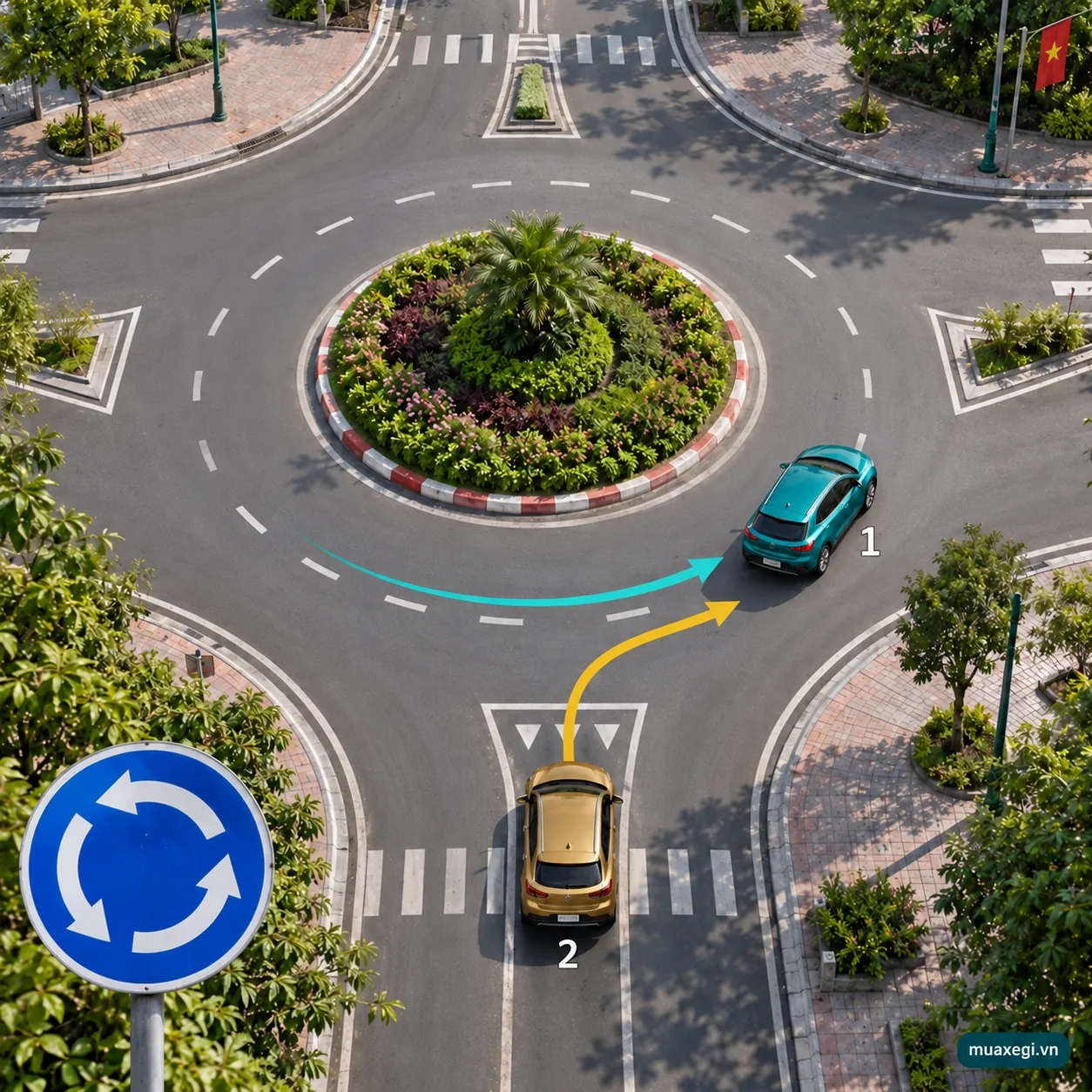 A gold car waiting at a signed roundabout for circulating traffic approaching from the left