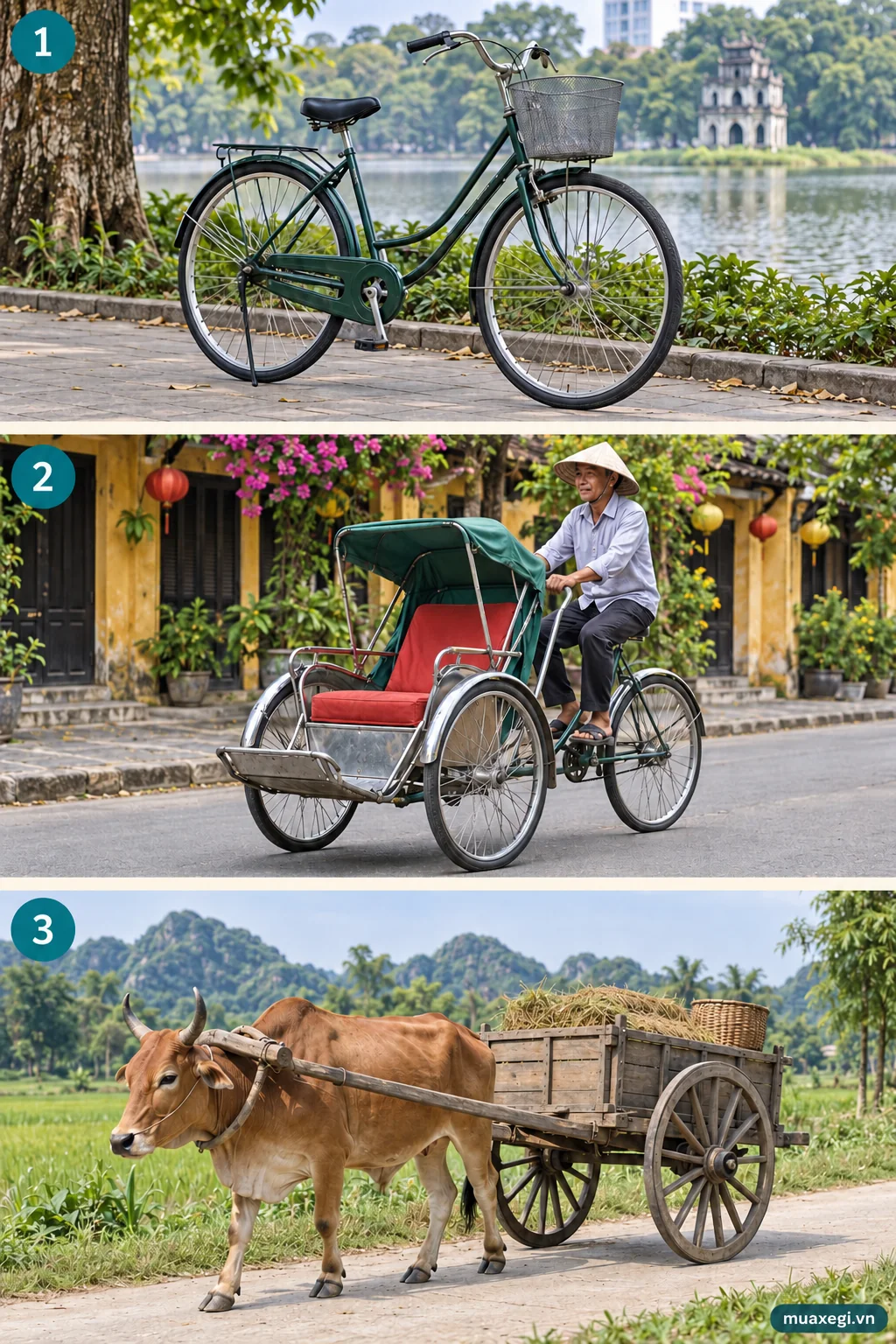 A bicycle rider, cycle rickshaw and ox-drawn cart on a rural road