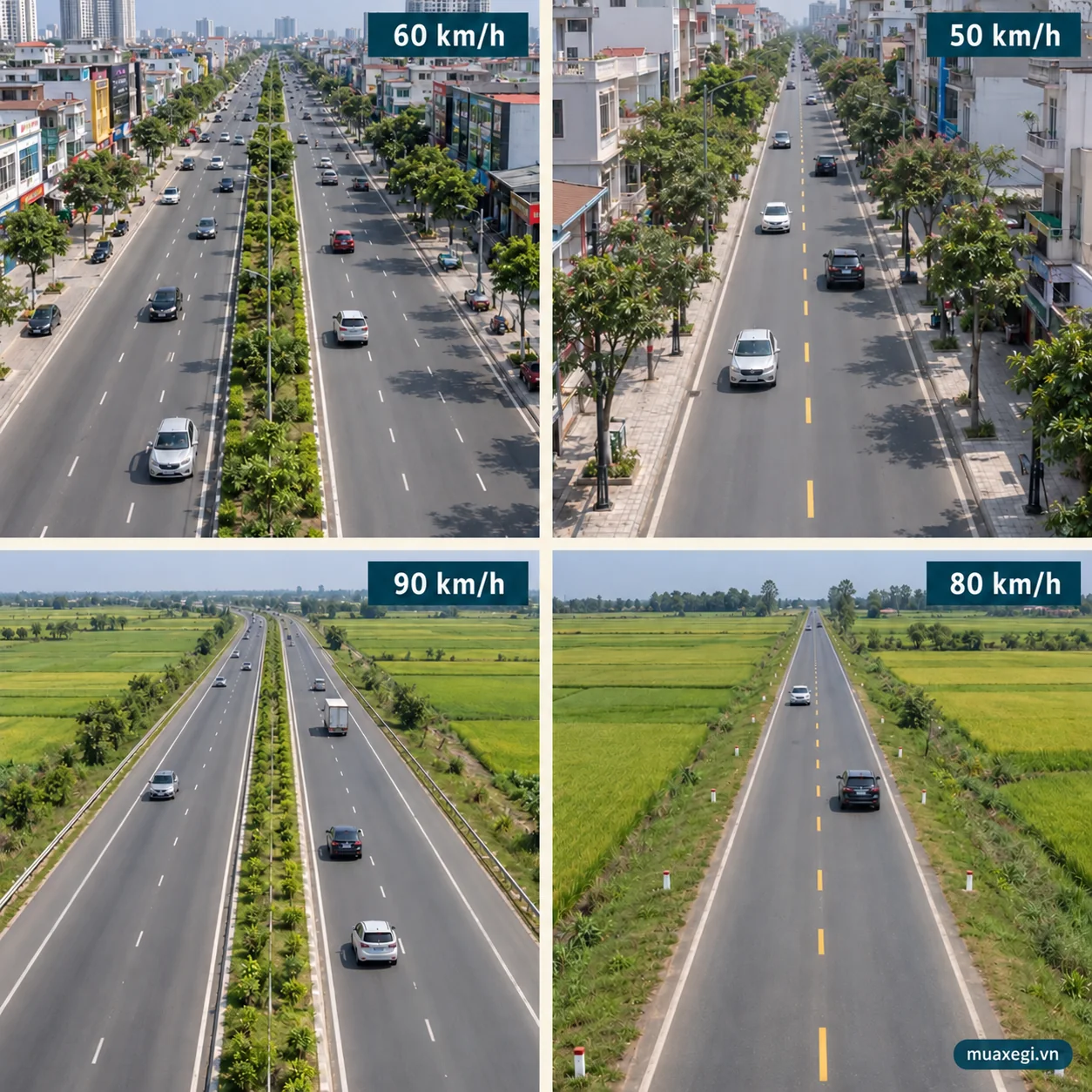 Four road examples illustrating passenger-car maximums of 60, 50, 90 and 80 km/h