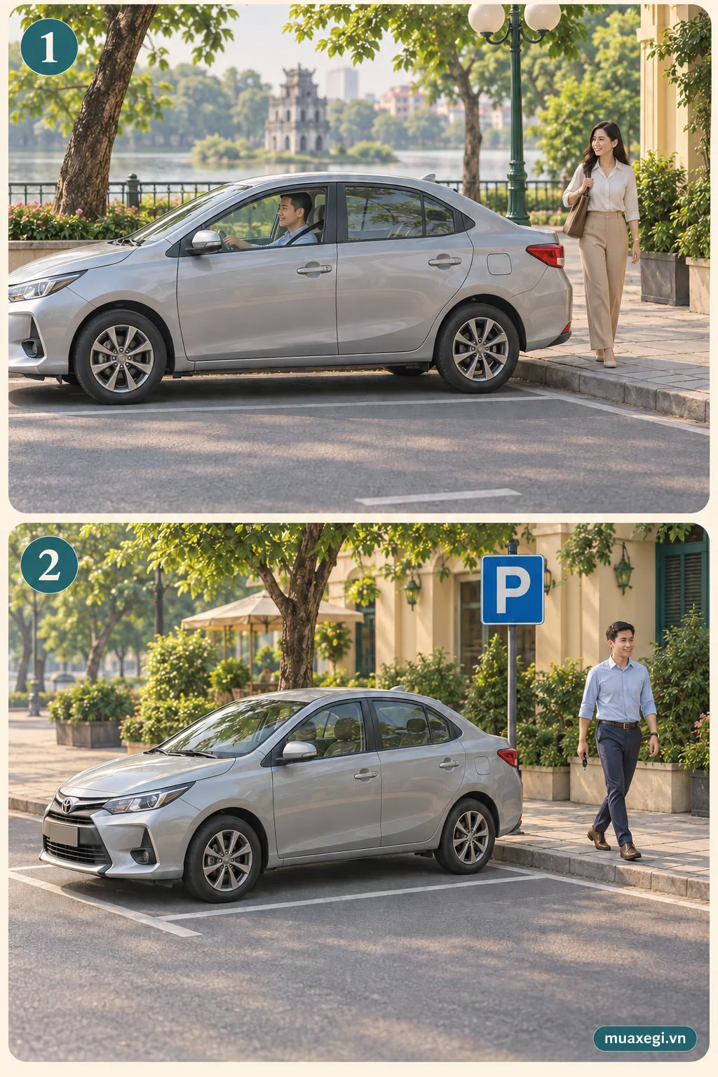 One car stopping for a passenger and another parked in a permitted space