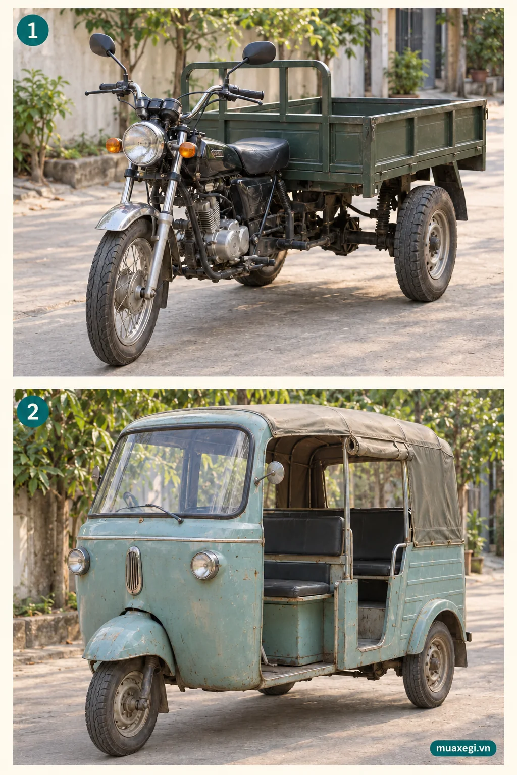 A three-wheel cargo vehicle and a passenger xe lam with clearly visible three-wheel layouts
