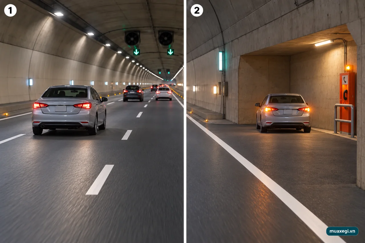 AI illustration: all cars travel away from the viewer in a one-way tunnel; the right panel shows a car with hazard lights in a flush emergency stopping bay to the right of the traffic lane.