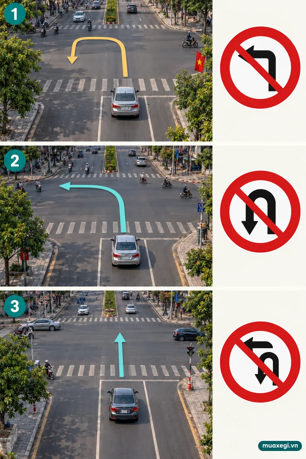 Three AI teaching scenes: P.123a Cấm rẽ trái (no left turn), P.124a Cấm quay đầu xe (no U-turn), and P.124c Cấm rẽ trái và quay đầu xe (no left turn or U-turn).