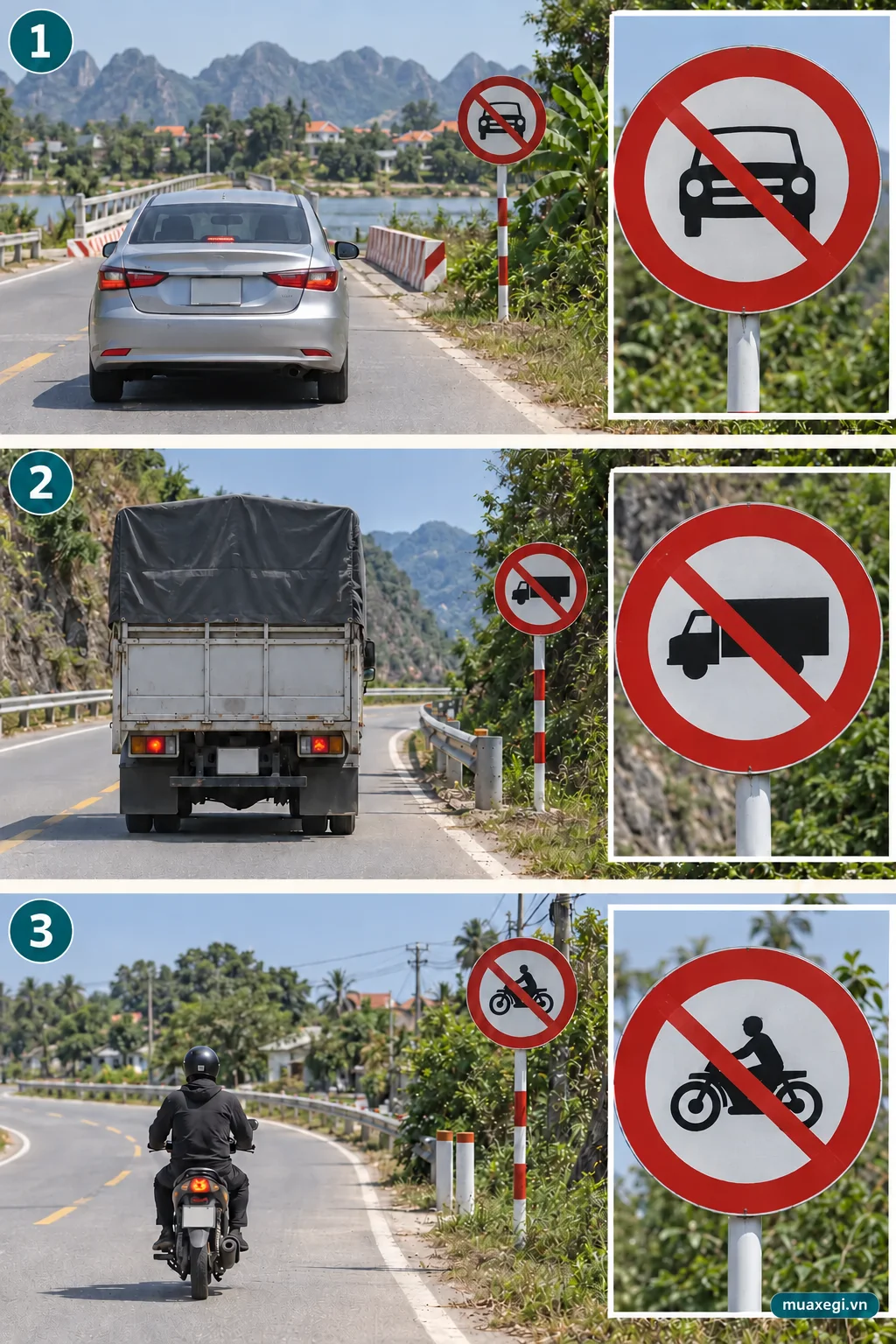 Top to bottom: P.103a — Cấm xe ô tô (automobiles prohibited); P.106a — Cấm xe ô tô tải (trucks prohibited), with a red diagonal on both the roadside sign and enlarged inset; P.104 — Cấm xe máy (motorcycles prohibited).