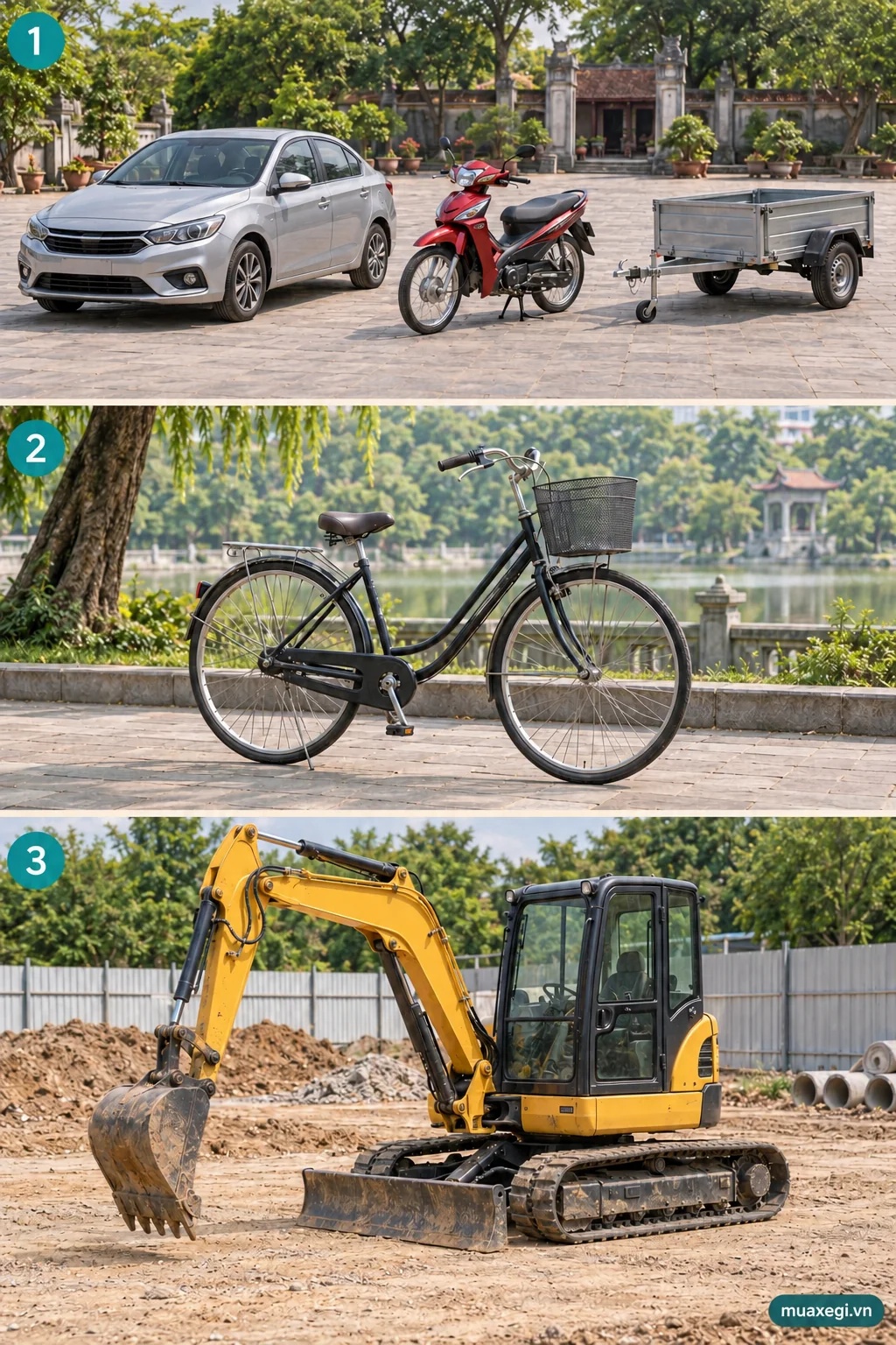 A car, motorcycle, trailer, bicycle and excavator illustrating vehicle groups