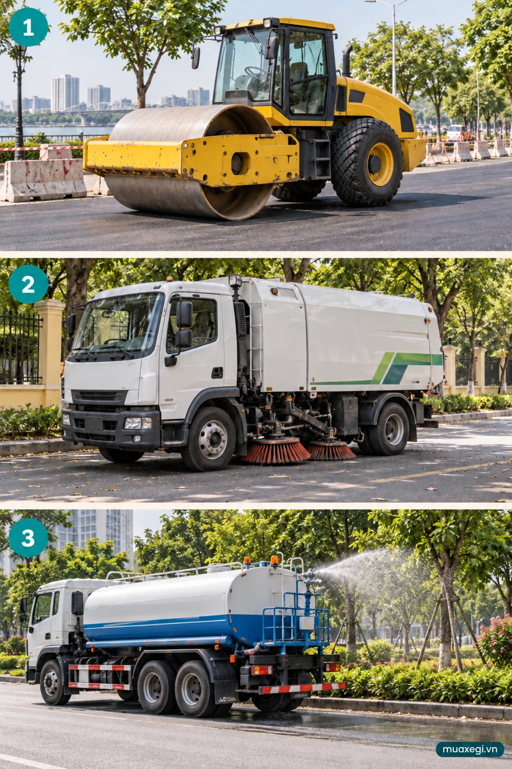 A steel-drum road roller, truck-based road sweeper and water-spraying tanker