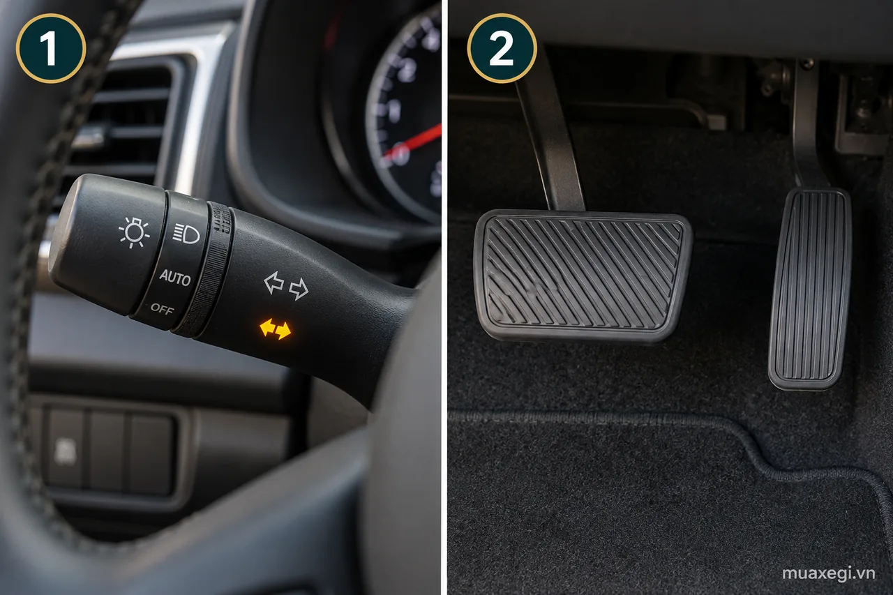 “Xi-nhan” means the turn indicator. In the automatic-car example on the right, the brake pedal is on the left and the accelerator is on the right. Linking a familiar term to a visible part makes it easier to picture.