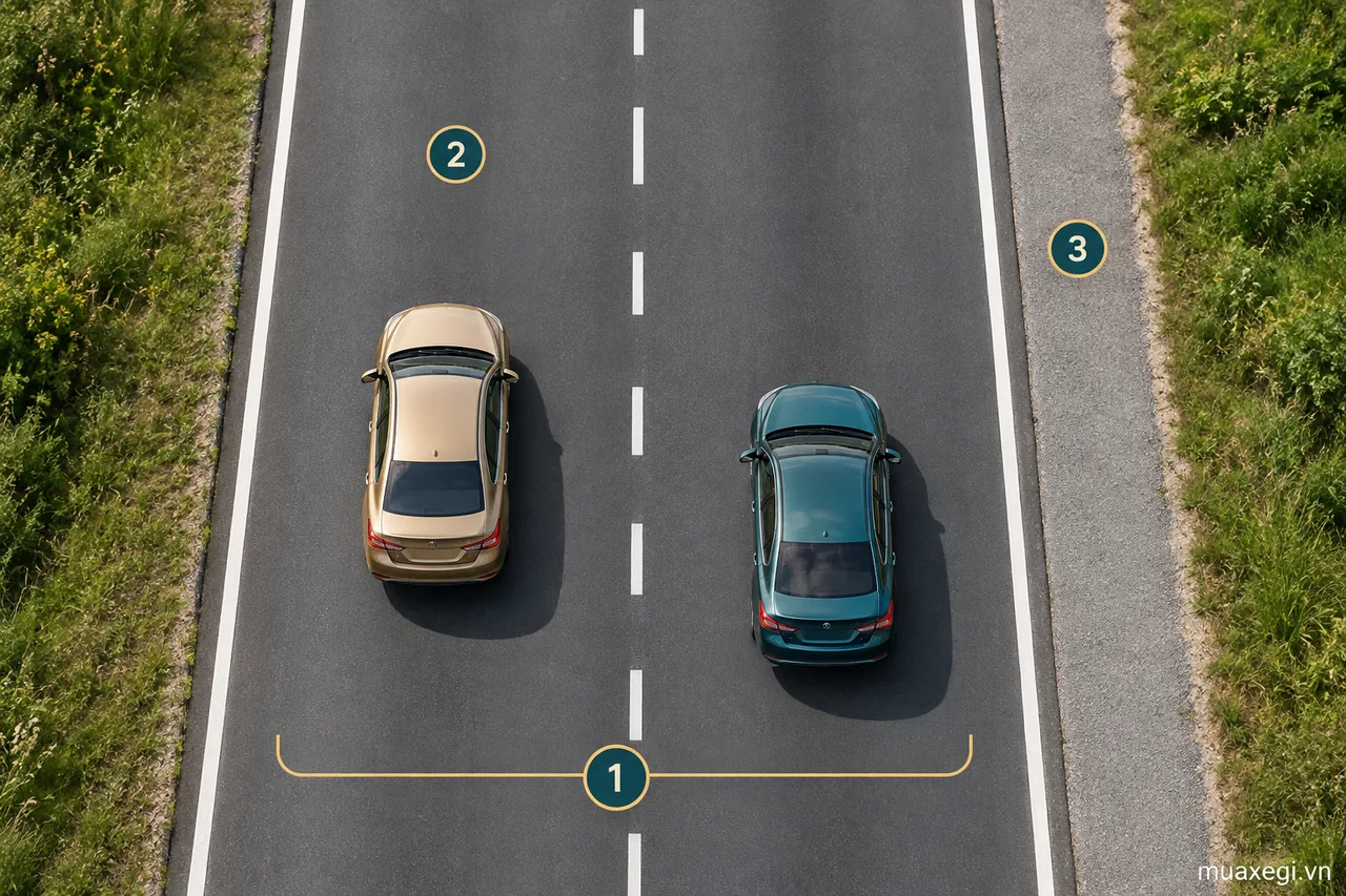 The numbers are teaching annotations: 1 — carriageway; 2 — one lane; 3 — shoulder. Both vehicles travel in the same direction.