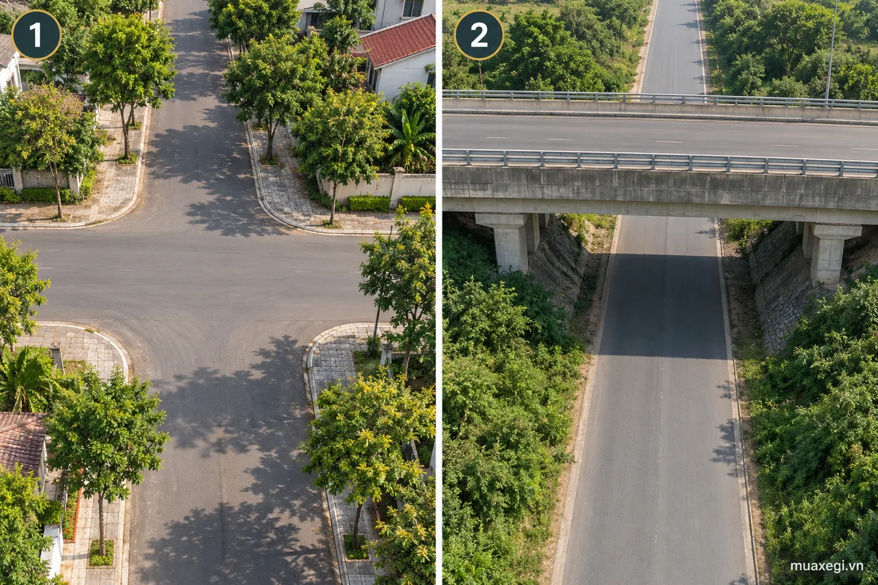 Panel 1: two roads meet at the same level. Panel 2: one road passes over the other on a flyover. This illustrates an at-grade crossing and a grade-separated crossing.
