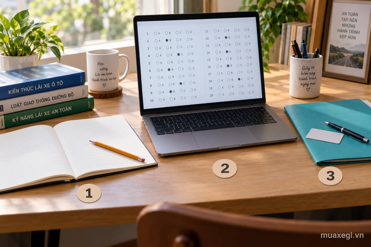 Three separate tasks: 1 — study the material; 2 — practise and take the test under the applicable rules; 3 — prepare the licence-issue or exchange documents for your circumstances. The objects are illustrative.