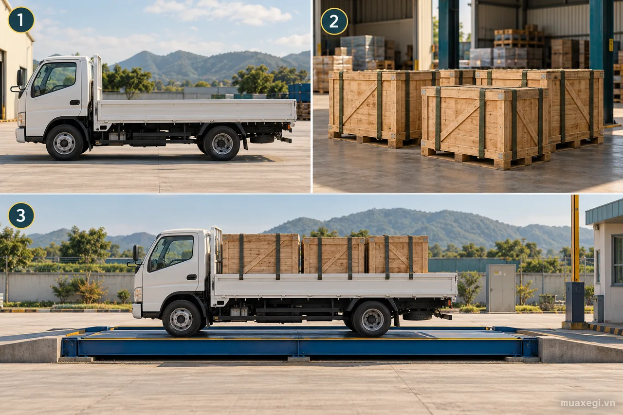 Panel 1 shows an unloaded truck, panel 2 its cargo and panel 3 the loaded truck on a weighbridge. Permitted payload on the inspection certificate is a separate specification; actual total mass includes the vehicle and what it carries.
