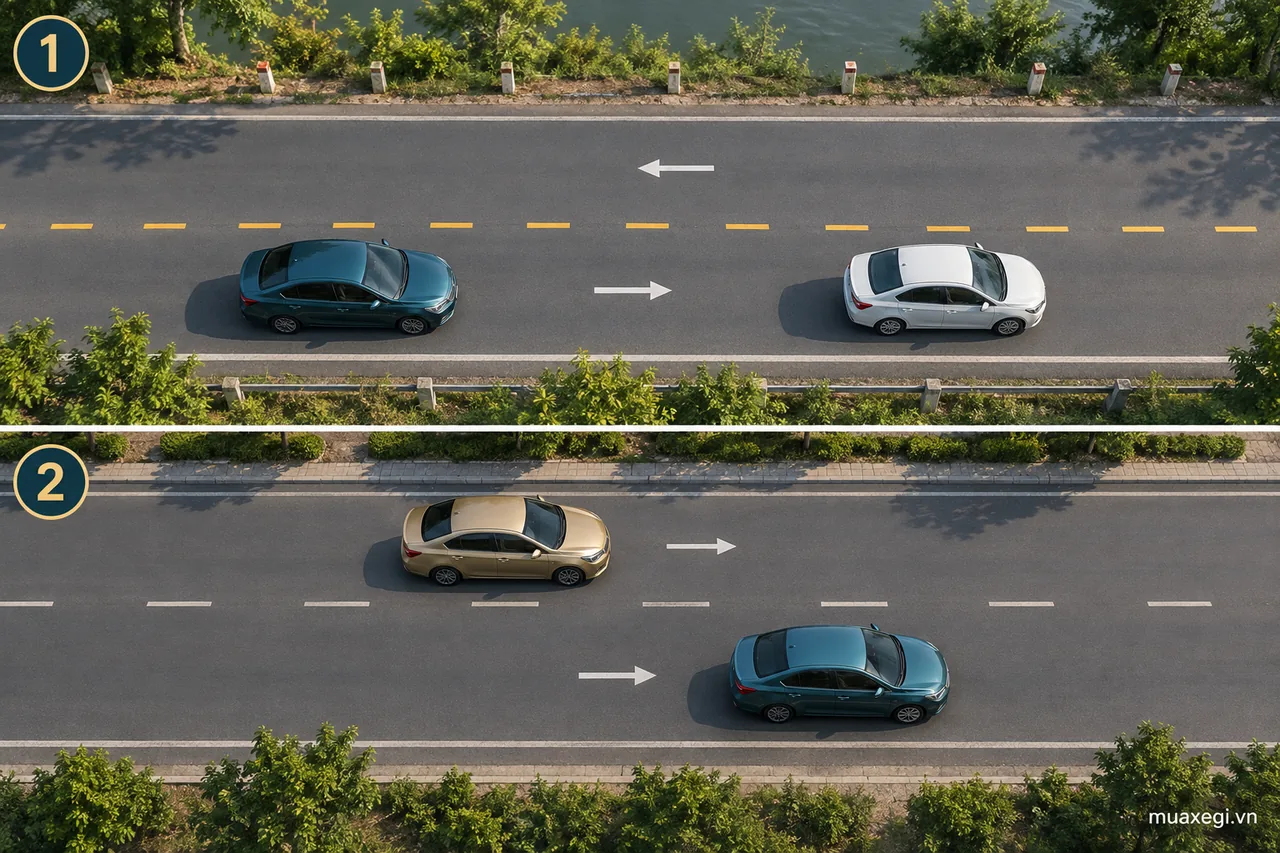 Panel 1 has one lane in each of two opposing directions. Panel 2 has two lanes in the same direction. Identifying the lane arrangement helps you apply the overtaking and lane-use rules explained here.
