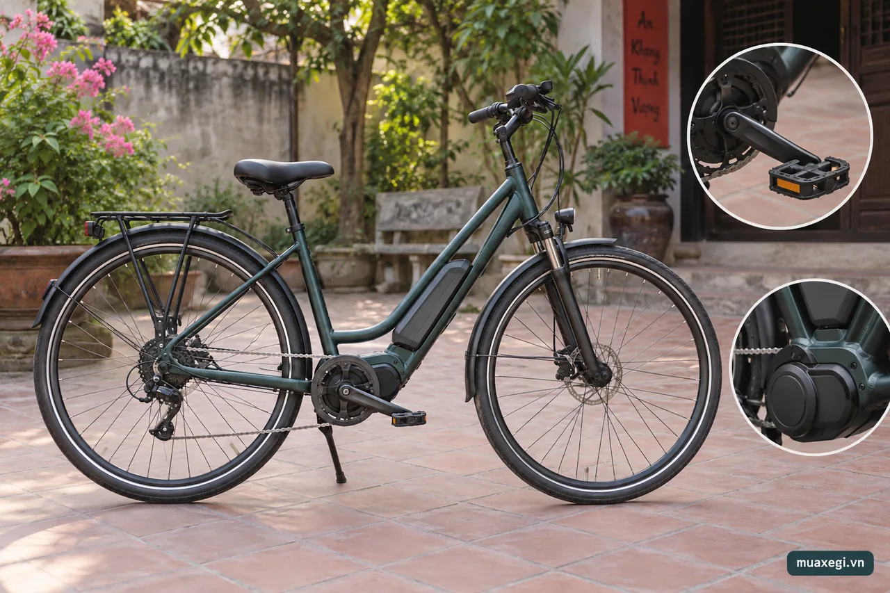 The picture highlights pedals and an assist motor. In this question, the defining condition is motor cutoff when pedalling stops or 25 km/h is reached; appearance is a visual aid.