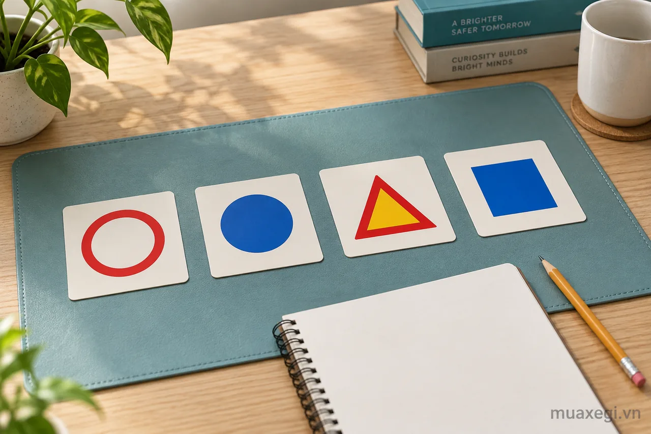 Shape-and-colour cards introduce sign families. For each actual sign, add its symbol, code, name and scope. These are study cards, not a complete set of road signs.