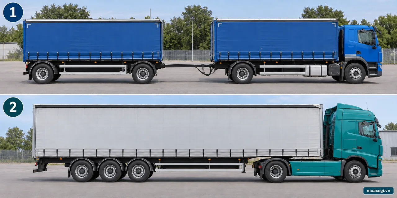 Panel 1: a truck towing a drawbar trailer. Panel 2: a tractor supporting the front of a semitrailer. Identify the towed vehicle; a trailer does not need its own engine to belong to the motor-vehicle group under the law.