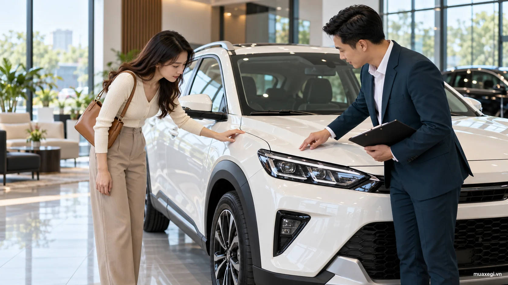 Minh họa người mua cùng nhân viên xem lớp sơn và cụm đèn của xe mới tại phòng trưng bày