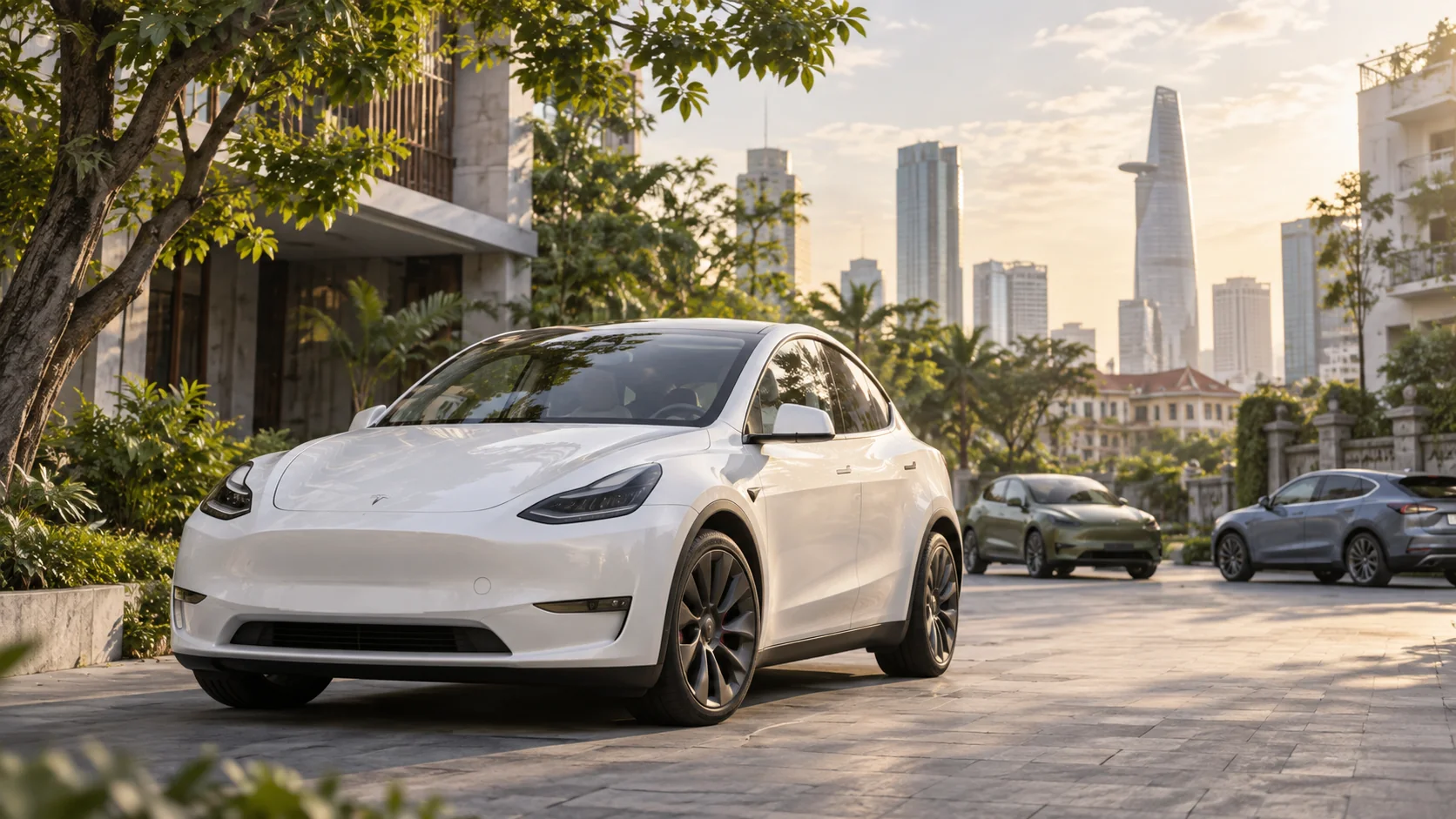 AI illustration of a white Tesla Model Y-style car in a Vietnamese city setting, with other electric vehicles behind it.