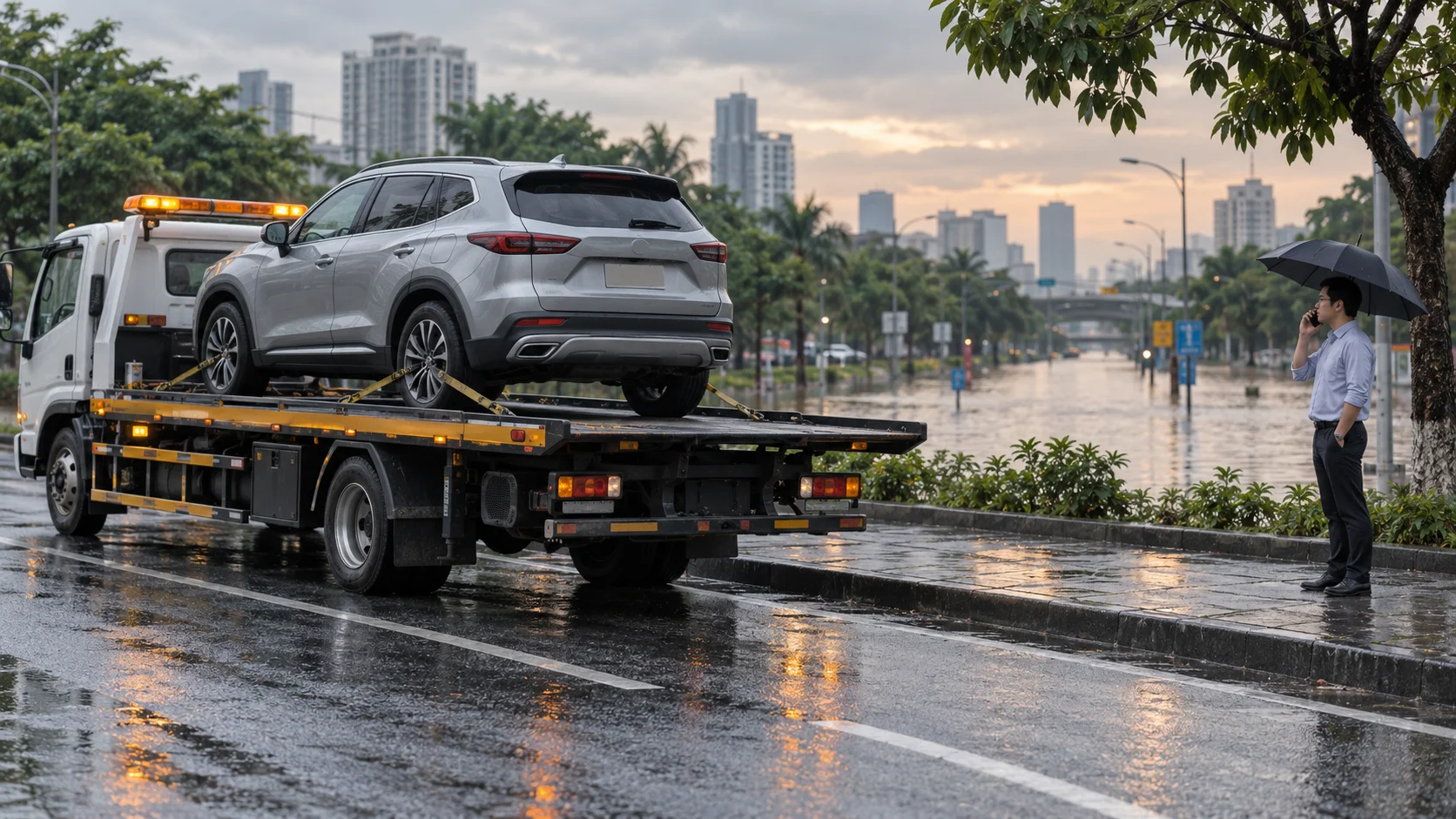 Ô tô được chở trên xe cứu hộ sàn ở vị trí cao sau mưa, chủ xe gọi hỗ trợ từ vỉa hè